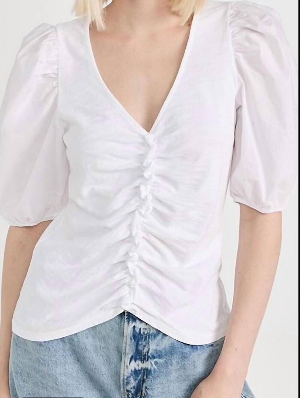 Nation LTD Drew Gatherie White V-Neck Ruched Front Puff Sleeve Top Size Small